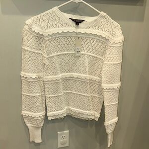Studio White Crew Neck Sweater with Intricate Lace Patterns